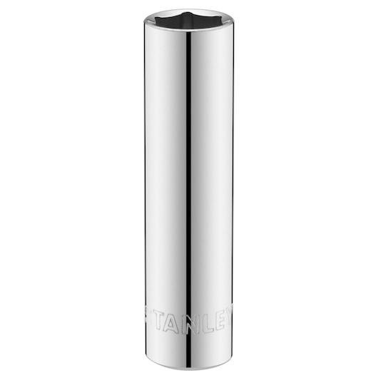STANLEY STMT86097-0 chrome deep socket, cylindrical, front angle photography, hand tool accessory.