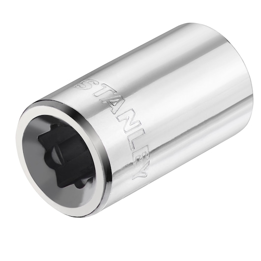STANLEY STMT86107-0 chrome socket, close-up angled on white background, hand tool accessory.