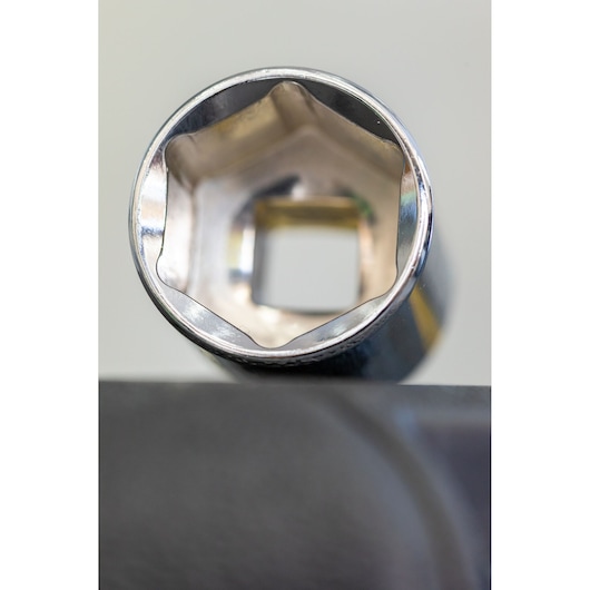 STANLEY STMT86114-0 socket close-up photo, showing six-point chrome finish, top view.