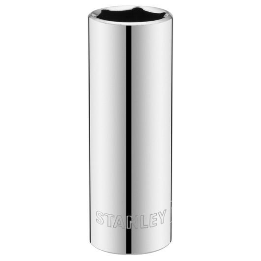 Photo of a STANLEY STMT86116-0 chrome deep socket, front angle, with engraved brand logo, on white background.