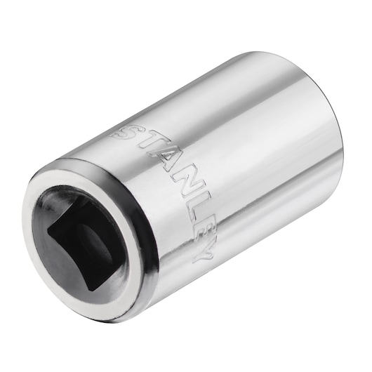 Photo of STANLEY STMT86124-0 chrome socket, tool accessory, angled on white background.