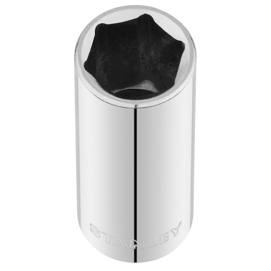 STANLEY STMT86289-0 chrome socket tool, hex shape, vertical angle, photography on white background.