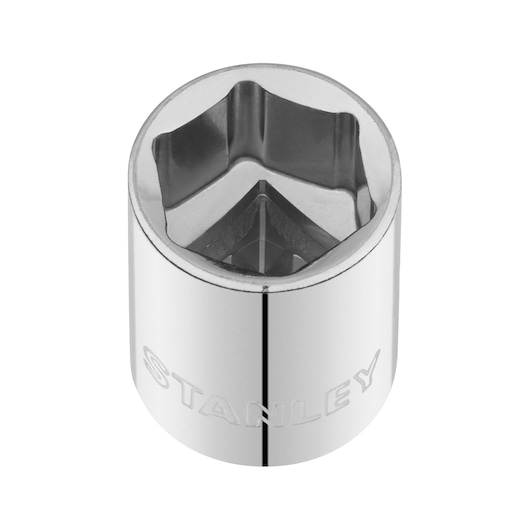 STANLEY STMT86309-0 chrome socket, top view, hexagonal interior, tool accessory on white background.