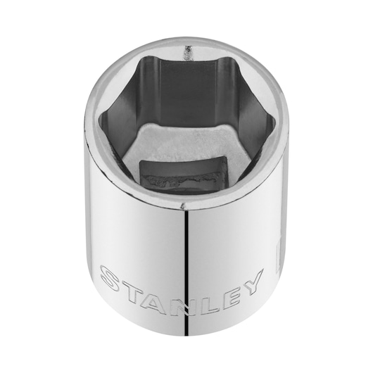 STANLEY STMT86312-0 chrome socket, top view, shows six-point design and engraved brand name, photography.