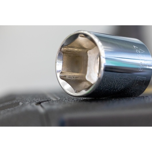 STANLEY STMT86313-0 chrome socket tool close-up on black surface, photography showing open end.