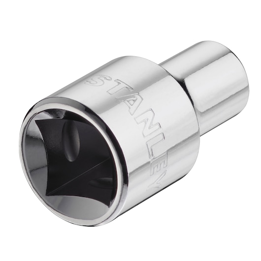 Photo of STANLEY STMT86508-0 shiny chrome socket adapter, angled view on white background.