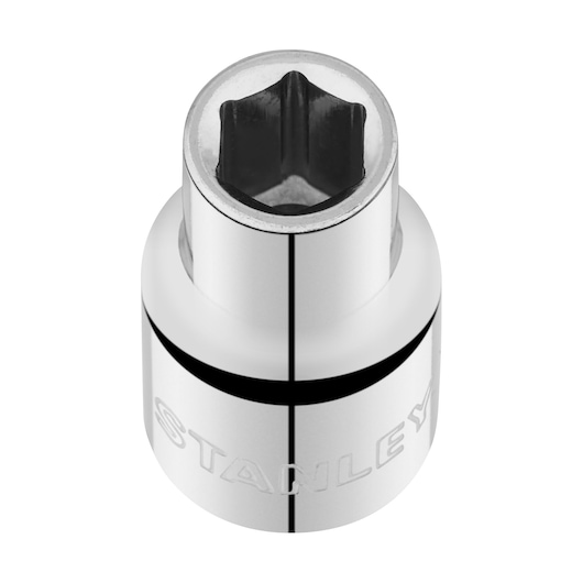 STANLEY STMT86510-0 chrome socket, six-point design, top view with engraved branding, white background.