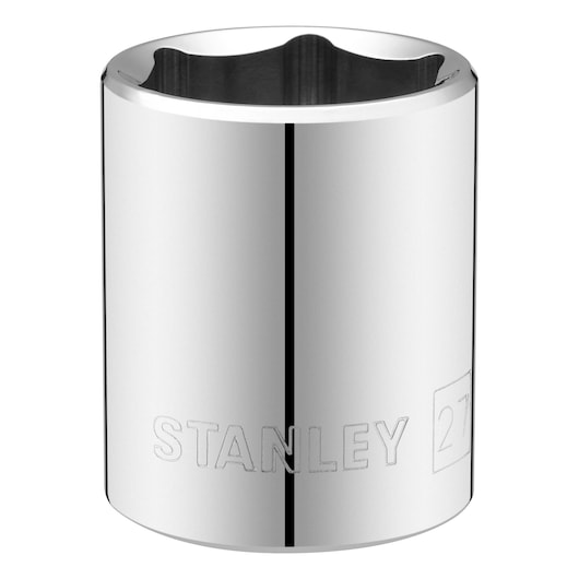 STANLEY STMT86527-0 chrome socket, cylindrical front angle, tool accessory on white background.