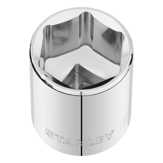 Photo of STANLEY STMT86527-0 chrome socket, top view showing six-point design on white background.