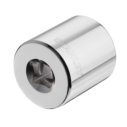 STANLEY STMT86530-0 chrome socket, cylindrical tool accessory shown on white background, angled view.