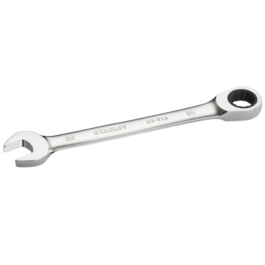 Photo of STANLEY STMT89916-0 combination wrench, chrome finish, with open and box end, product angle on white background.