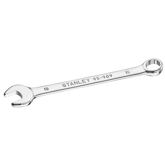 Stanley STMT95909-0 chrome combination wrench, 15mm, white background, angled view
