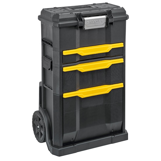 STANLEY STST1-70344 rolling black tool chest with three yellow drawers, angled front view.