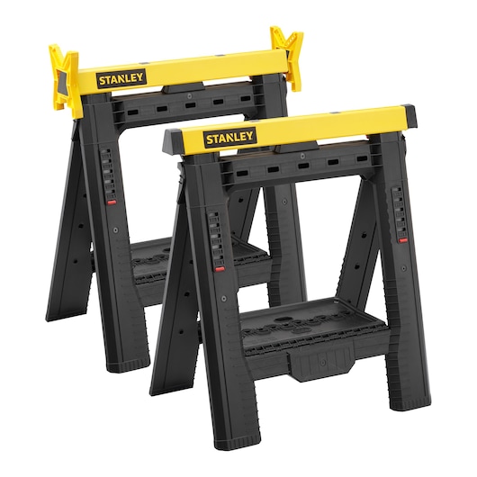 STANLEY STST1-70559 sawhorse set, black and yellow, front angle, durable plastic construction.