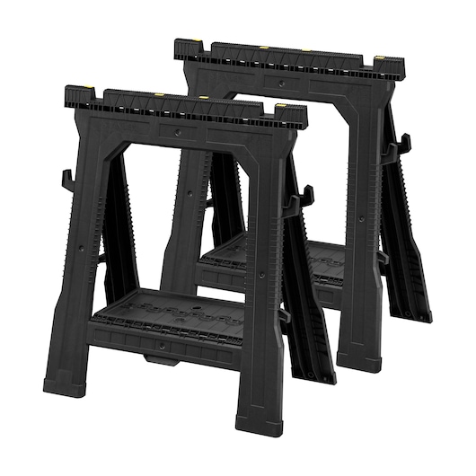 STANLEY STST1-70713 black plastic folding sawhorses, set of two, front angle, white background.