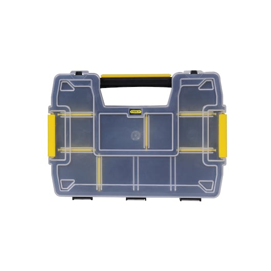 Stanley transparent hard plastic storage box with yellow latches and handle, designed for organizing small items.