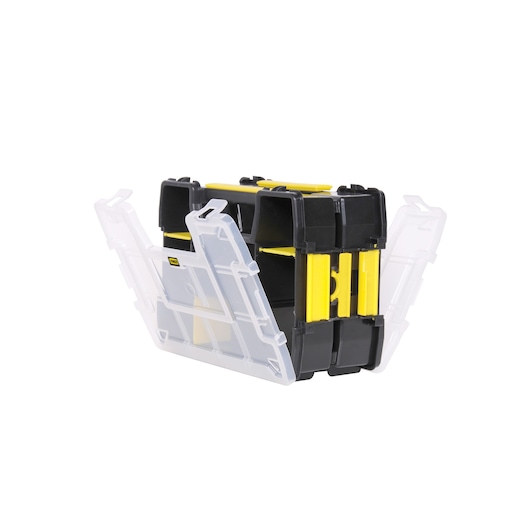 Stanley black and yellow organizer box with transparent folding lids, open to show compartments.