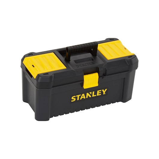 Stanley STST1-75517 black and yellow toolbox, front angle, with top sorted compartments.