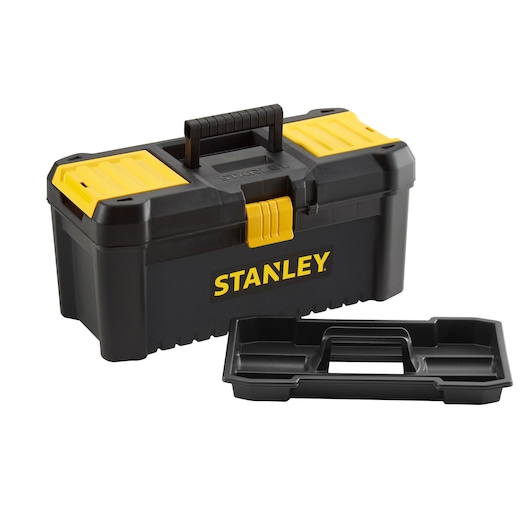 Stanley black and yellow toolbox with handle and removable tray, suitable for storage and organization.