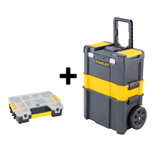 STANLEY STST1-81320 wheeled tool tower and organizer box set, front angle, black and yellow.