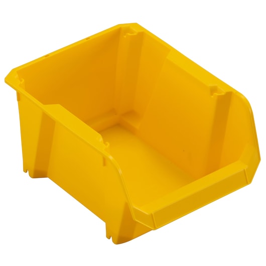 STANLEY STST82710-1 yellow plastic storage bin, angled front, product photo on white background.