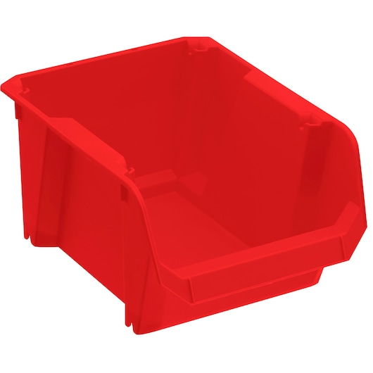 Red plastic storage bin with open front for easy access, designed for organizing small parts or tools.
