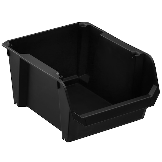 STANLEY STST82741-1 black plastic storage bin front angle on white background.