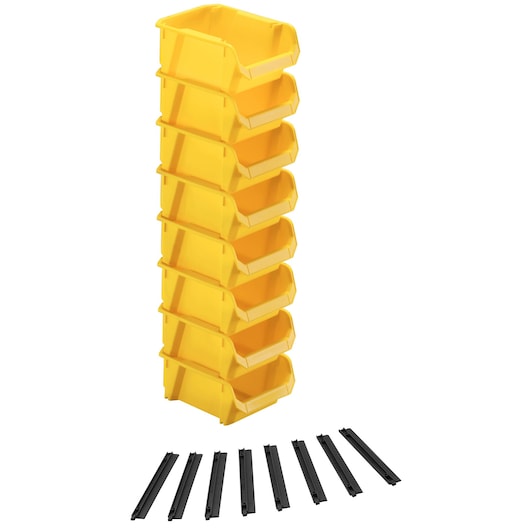 STANLEY STST82964-1 stackable yellow storage bins with black rails, front angle, photography category.