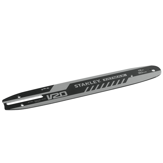 STANLEY STZCS1230 chainsaw guide bar, 12 inch, black and gray, side angle on white background.