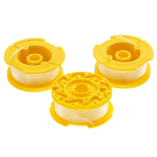 STANLEY STZST12169 photography of three yellow trimmer line spools, front angle, white background.