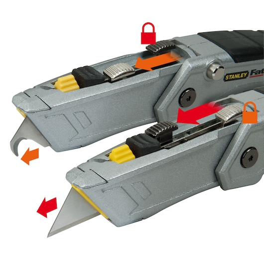 STANLEY XTHT0-10502 utility knife with dual blade design, close-up side angle on white background.