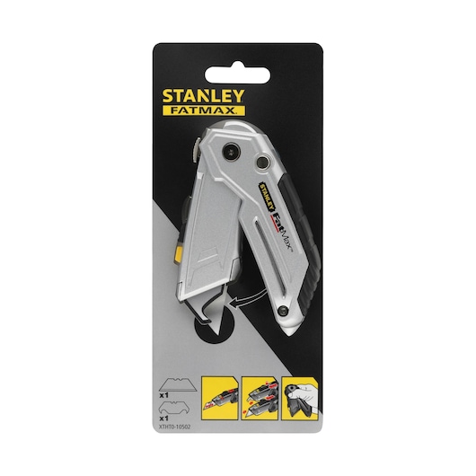 STANLEY FATMAX XTHT0-10502 folding utility knife in silver and black, packaged, front angle on white background.