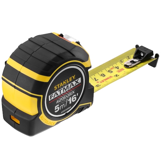 STANLEY XTHT0-33503 FatMax tape measure with yellow blade, side angle, product category photography.