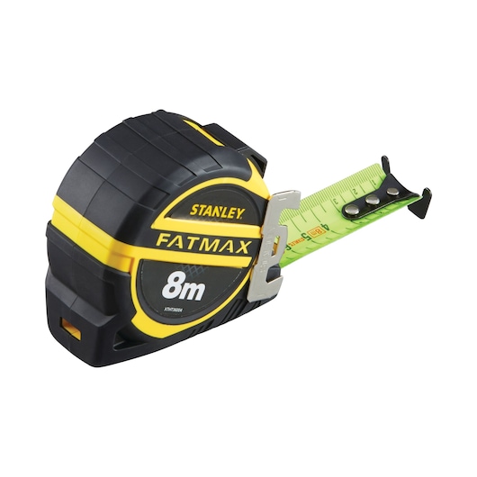 STANLEY XTHT0-36004 tape measure FATMAX 8m, black and yellow, side angle, extended blade.