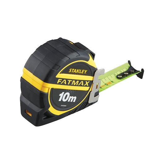 STANLEY XTHT0-36005 FatMax tape measure, 10m, black and yellow, side angle on white background.