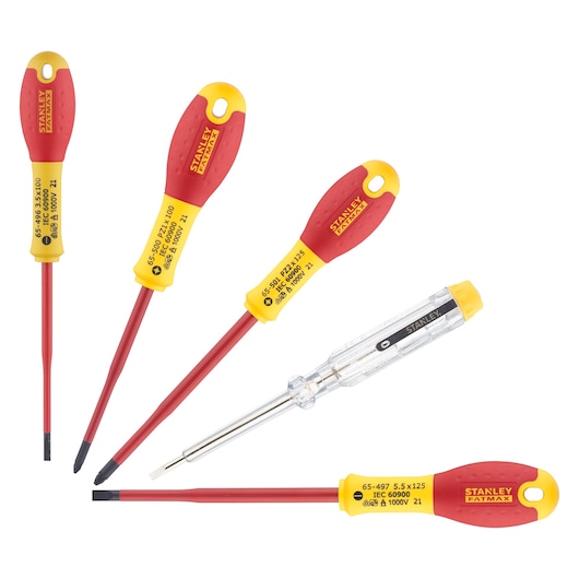 STANLEY XTHT0-62693 insulated screwdriver set with red-yellow handles, flat and Phillips, top view.