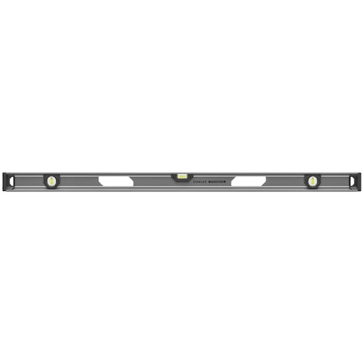 STANLEY XTHT1-42134 spirit level with three vials, black and yellow, straight-on angle on white background.